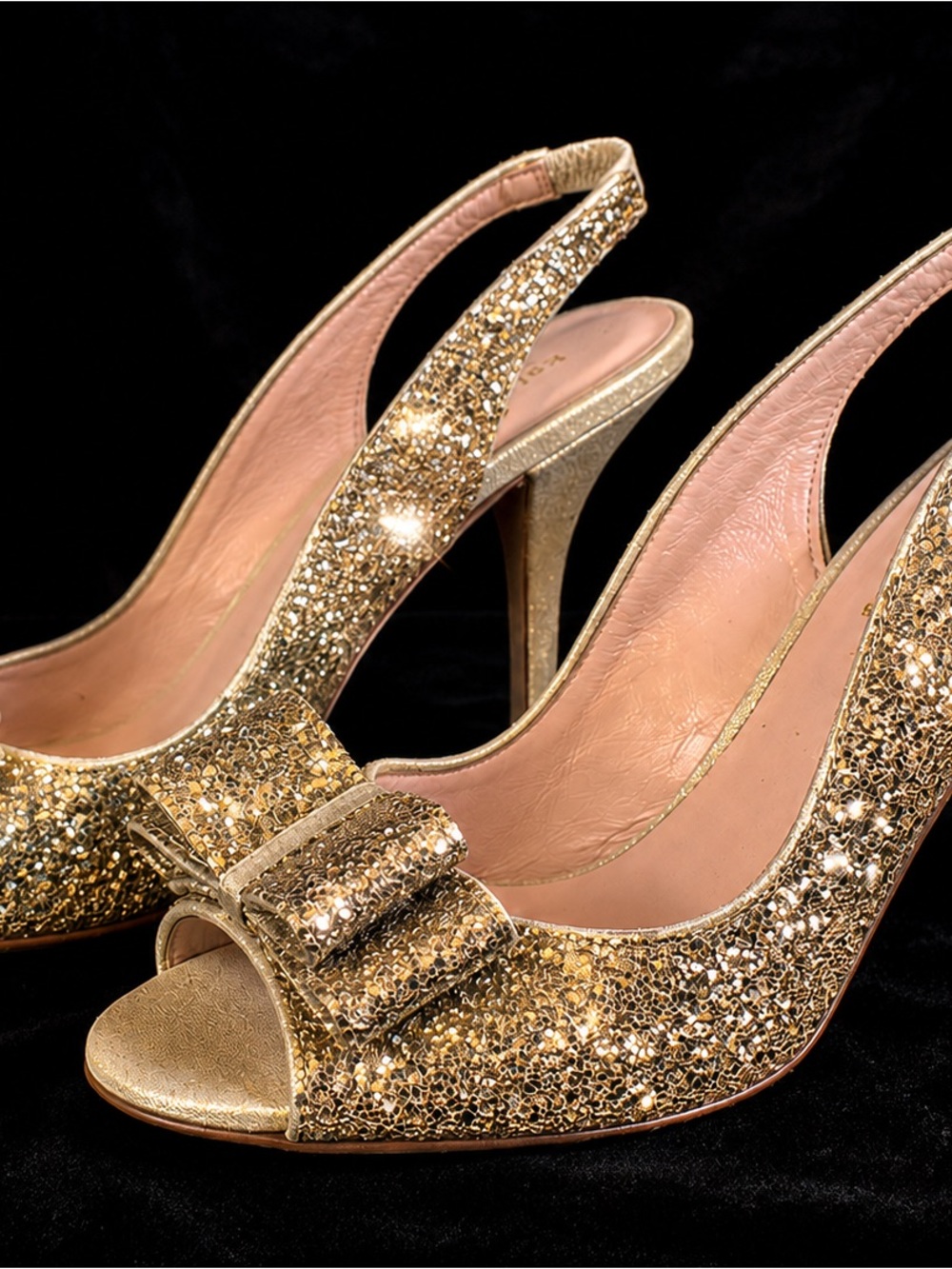 Kate Spade Gold Glitter Slingback Peep-Toe Heels